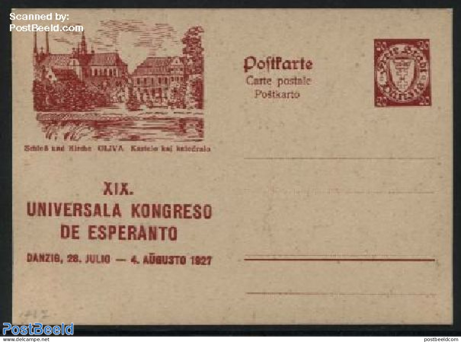 Germany, Danzig 1927 Illustrated Postcard, Esperanto Congress, 20pf, Oliva, Unused Postal Stationary, Religion - Scien.. - Eglises Et Cathédrales