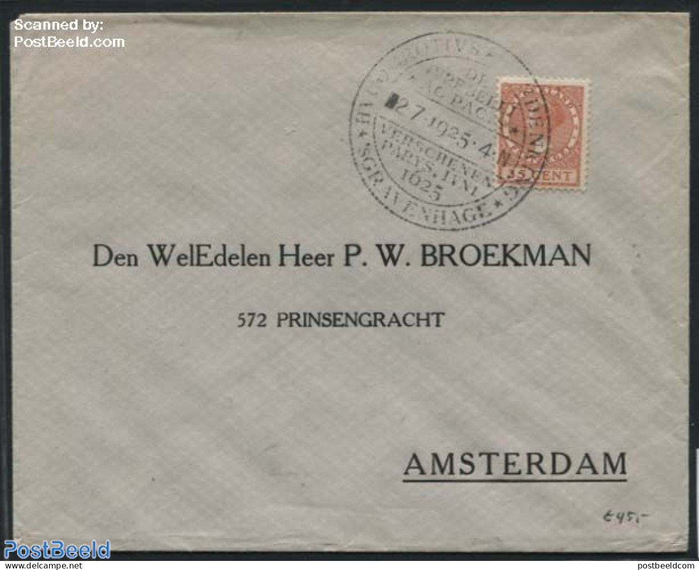 Netherlands 1925 Nvph No.138 On Cover With Special Cancellation GROTIUS 2-7-1925, Postal History - Covers & Documents