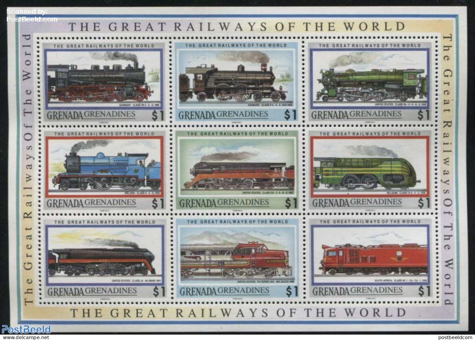 Grenada Grenadines 1992 Railways Of The World 9v M/s, Mint NH, Transport - Railways - Treni