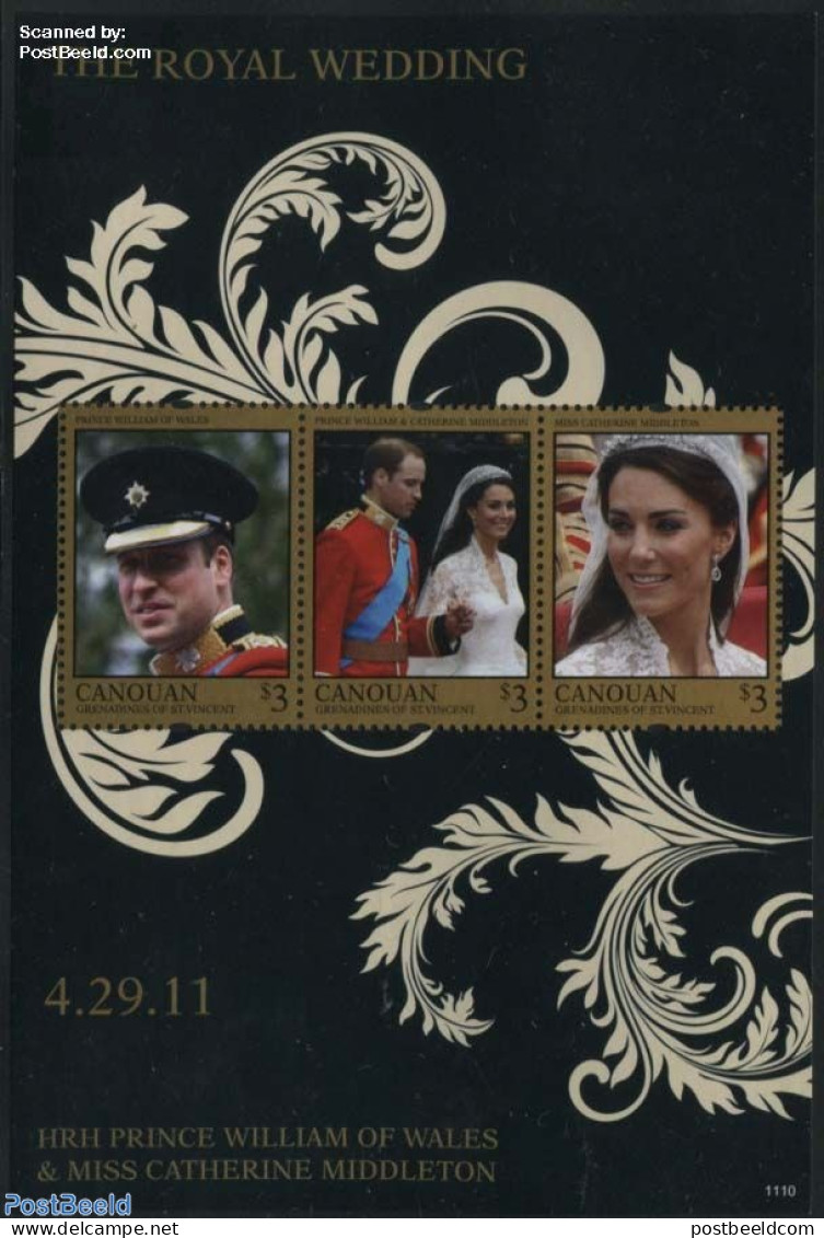 Saint Vincent & The Grenadines 2011 Canouan, Royal Wedding 3v M/s, Mint NH, History - Kings & Queens (Royalty) - Familias Reales