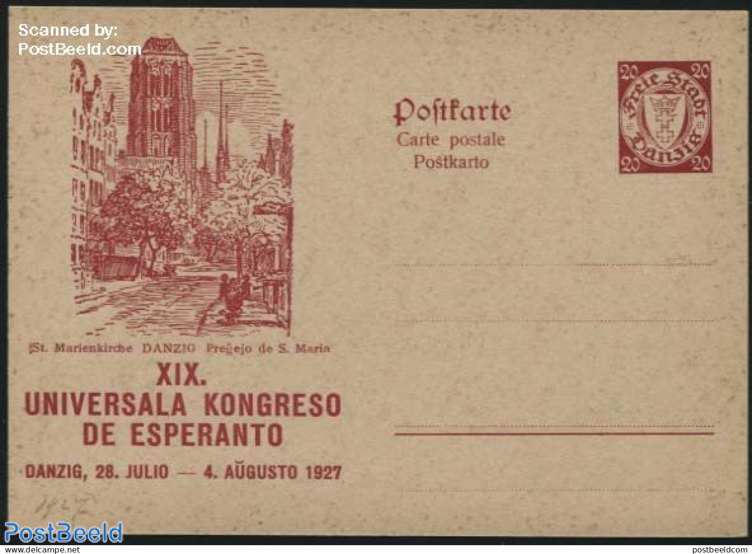 Germany, Danzig 1927 Illustrated Postcard, Esperanto, 20pf, St Marienkirche, Unused Postal Stationary, Religion - Scie.. - Iglesias Y Catedrales