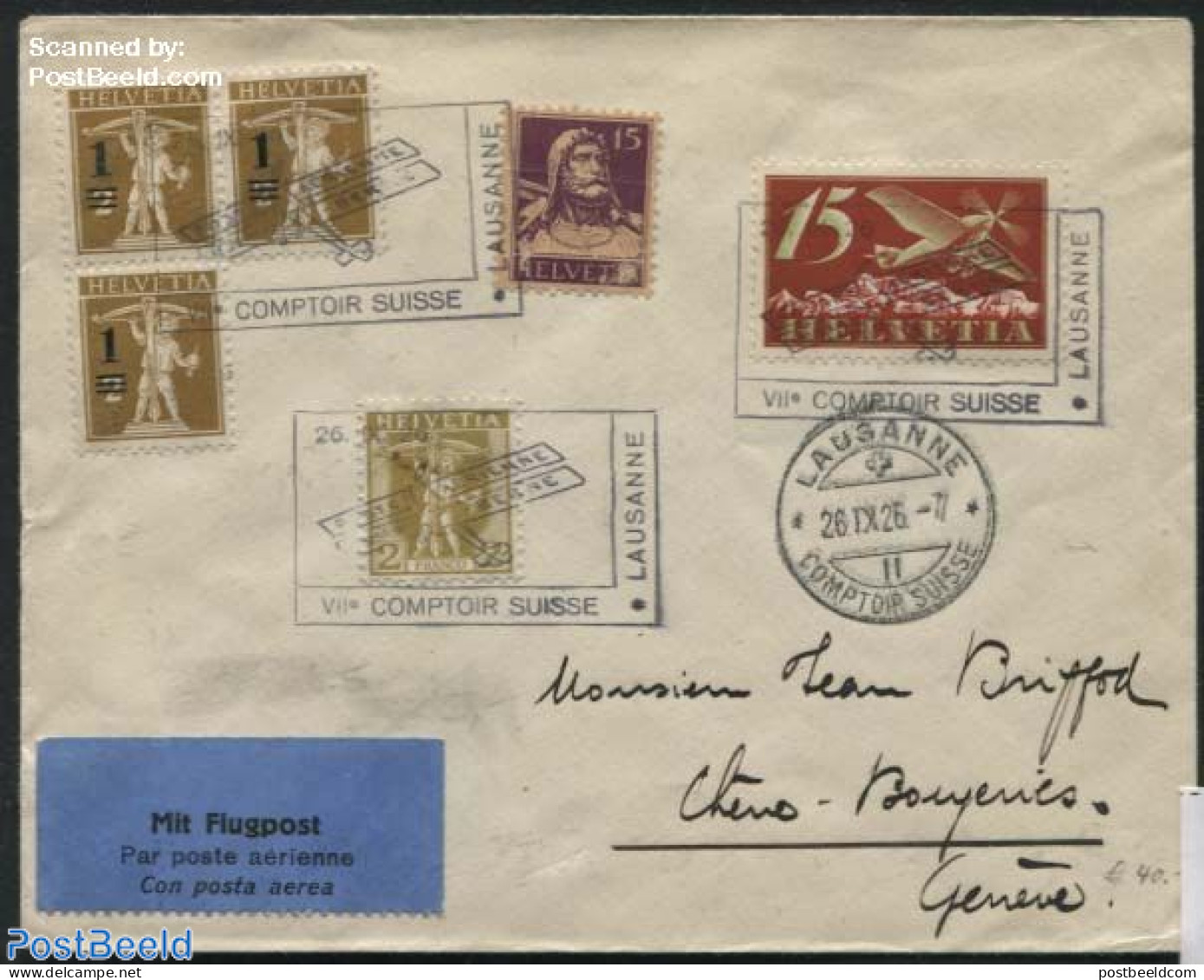 Switzerland 1926 Airmail Letter Laussanne-Geneva, Postal History, Transport - Aircraft & Aviation - Lettres & Documents