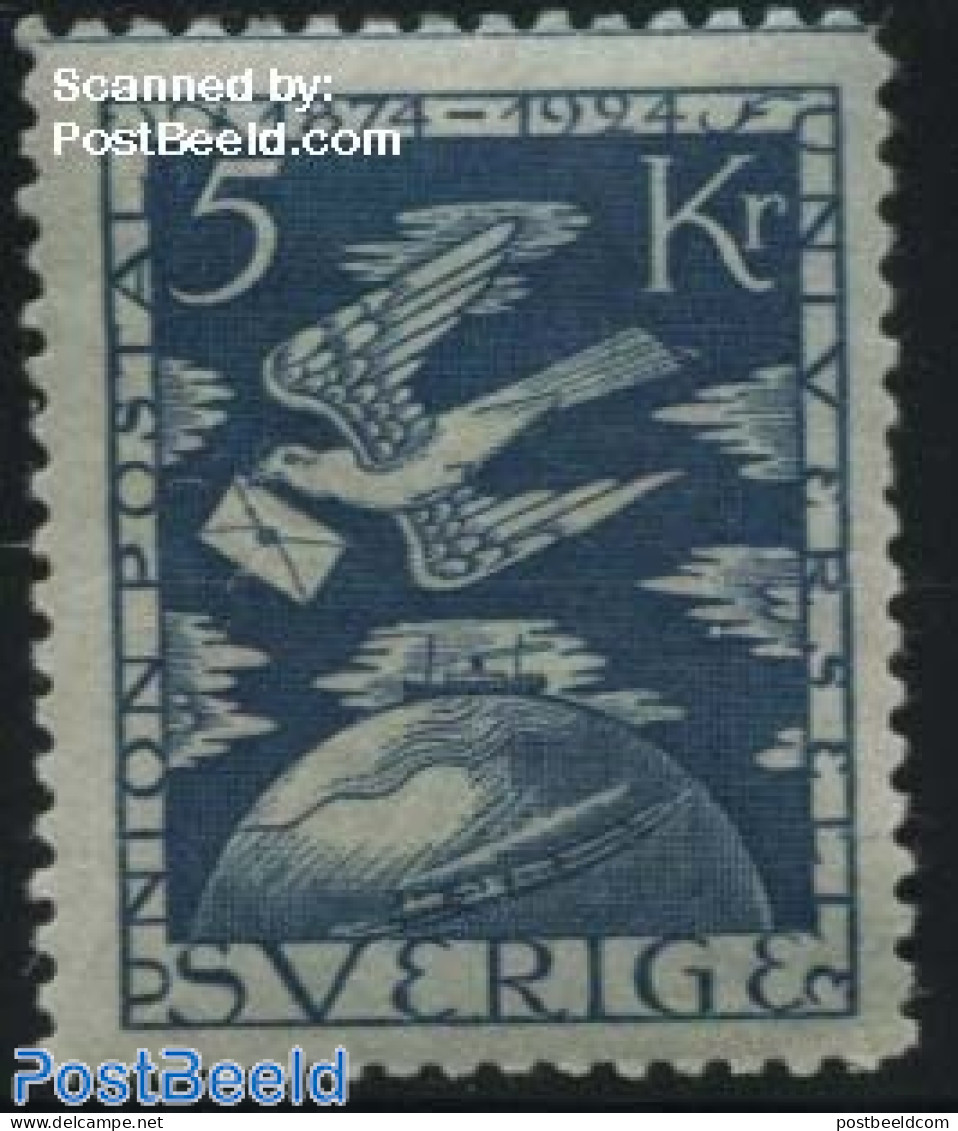 Sweden 1924 5Kr, Stamp Out Of Set, Unused (hinged), Nature - Transport - Birds - U.P.U. - Railways - Nuovi