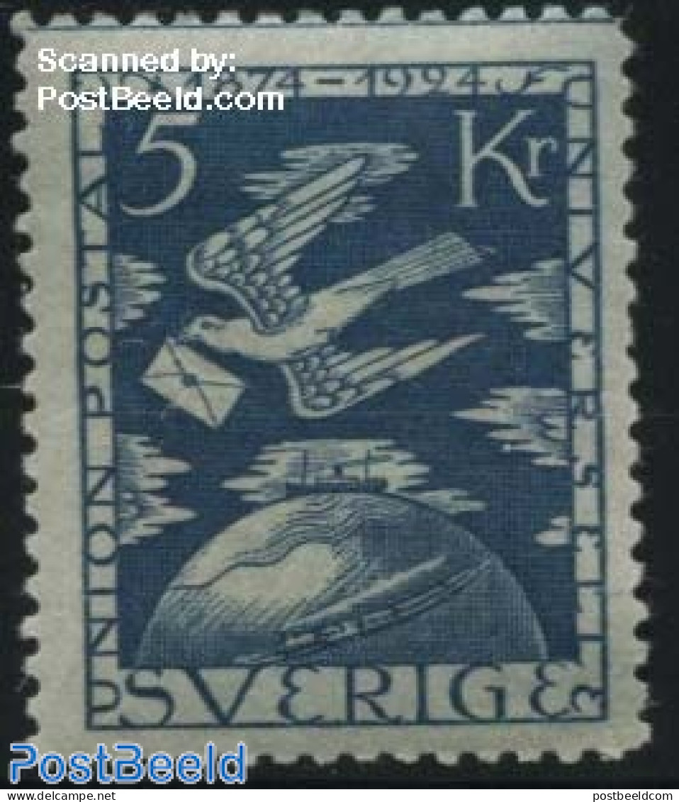 Sweden 1924 5Kr, Stamp Out Of Set, Unused (hinged), Nature - Transport - Birds - U.P.U. - Railways - Ungebraucht