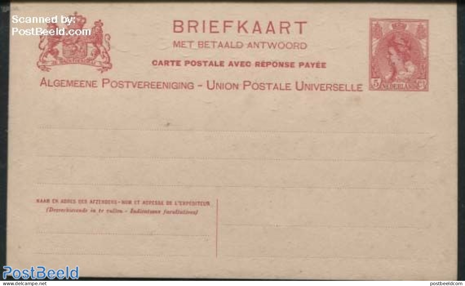 Netherlands 1905 Reply Paid Postcard, 5c, 5 Address Lines, 13.5-8.5mm Between 3rd,4th,5th Line On Reply Card, Unused P.. - Cartas & Documentos
