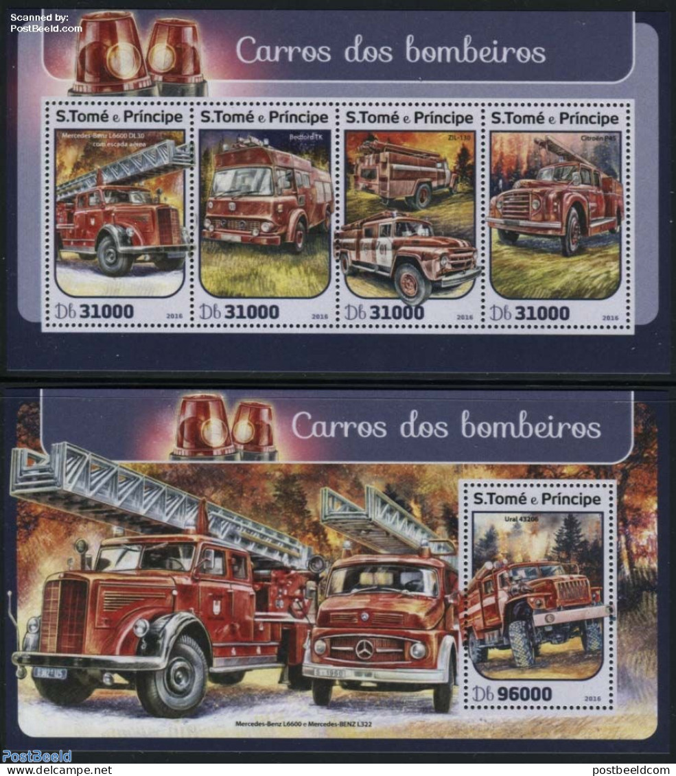 Sao Tome/Principe 2016 Fire Engines 2 S/s, Mint NH, Transport - Automobiles - Fire Fighters & Prevention - Cars