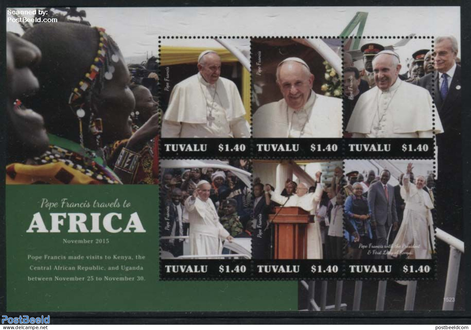 Tuvalu 2015 Pope Francis In Africa 6v M/s, Mint NH, History - Religion - Politicians - Pope - Päpste