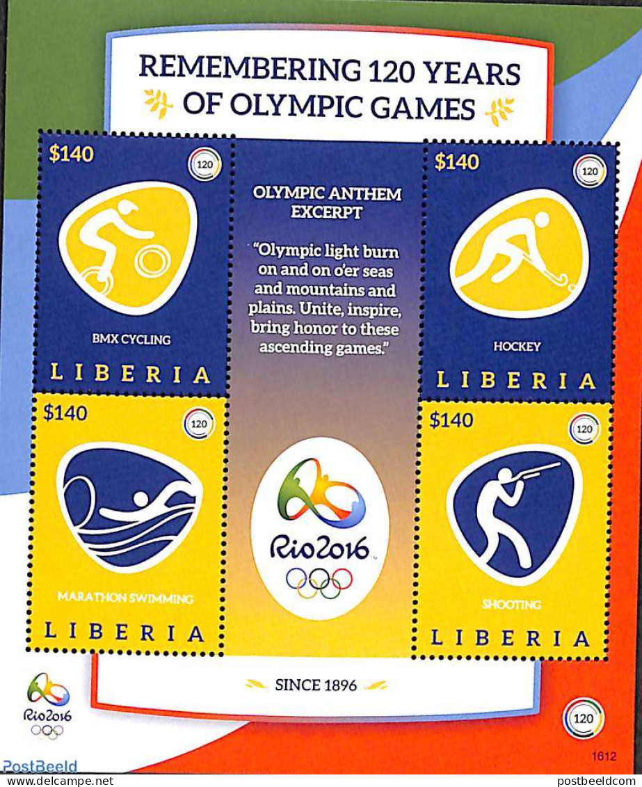 Liberia 2016 120 Years Olympic Games 4v M/s, Mint NH, Sport - Cycling - Gliding - Hockey - Olympic Games - Radsport