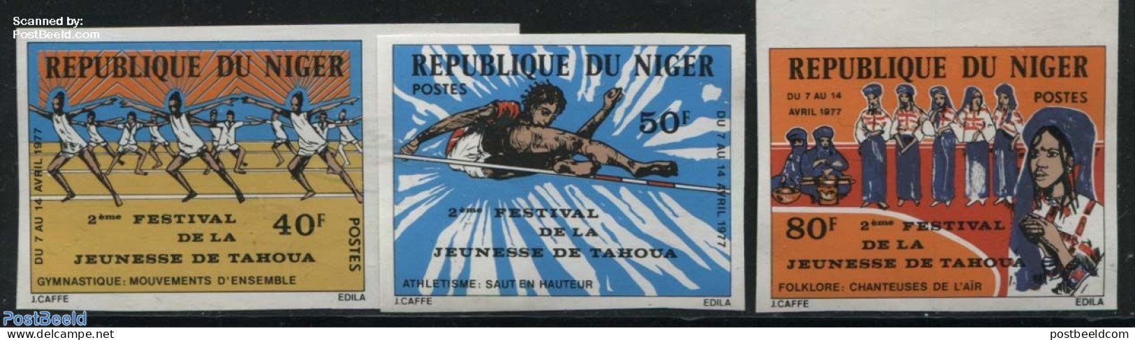 Niger 1977 Youth Festival 3v, Imperforated, Mint NH, Performance Art - Sport - Dance & Ballet - Music - Sport (other A.. - Dans