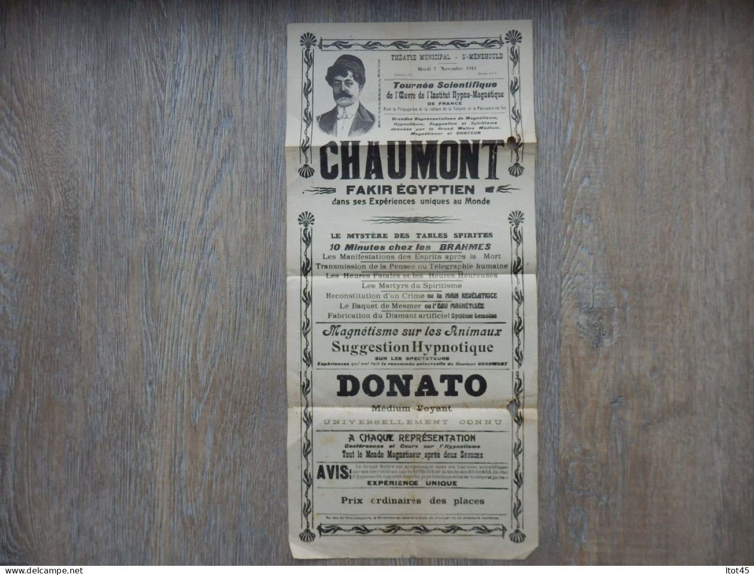 DOCUMENT PUBLICITAIRE CHAUMONT FAKIR EGYPTIEN DONATO MEDIUM THEATRE SAINT-MENEHOULD 1911 - Advertising
