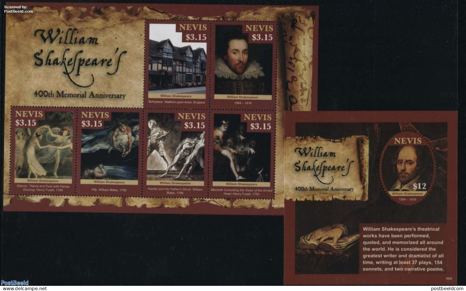 Nevis 2016 William Shakespeare 2 S/s, Mint NH, Various - Round-shaped Stamps - Art - Authors - Paintings - Ecrivains