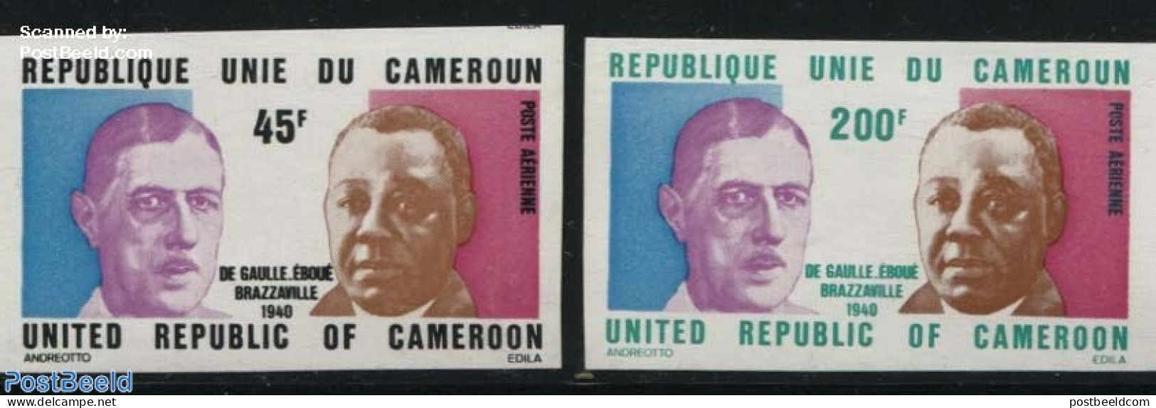 Cameroon 1975 F. Eboue 2v, Imoperforated, Mint NH, History - Kameroen (1960-...)