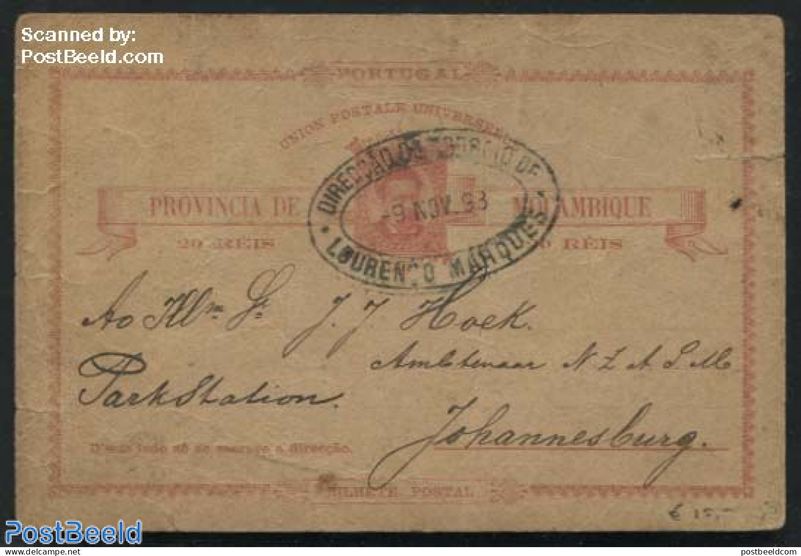 Mozambique 1893 Postcard To Johannesburg, Used Postal Stationary - Mosambik
