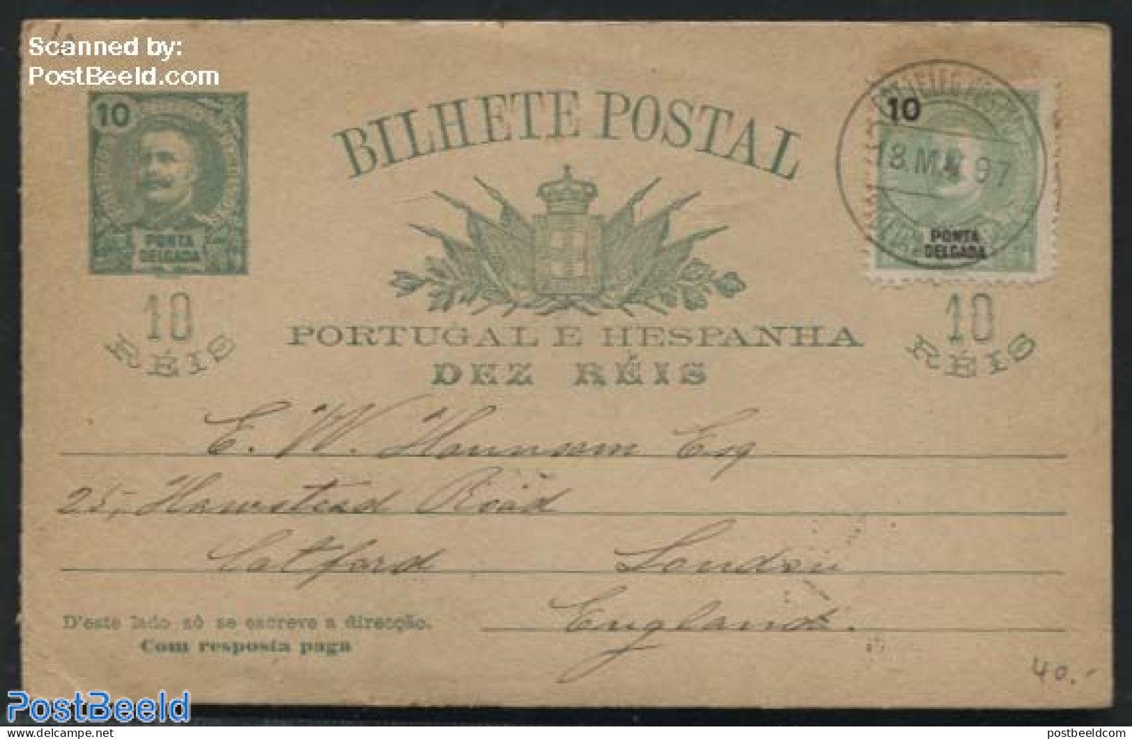 Azores 1897 Ponta Delgada, Postcard To London, Used Postal Stationary - Azoren