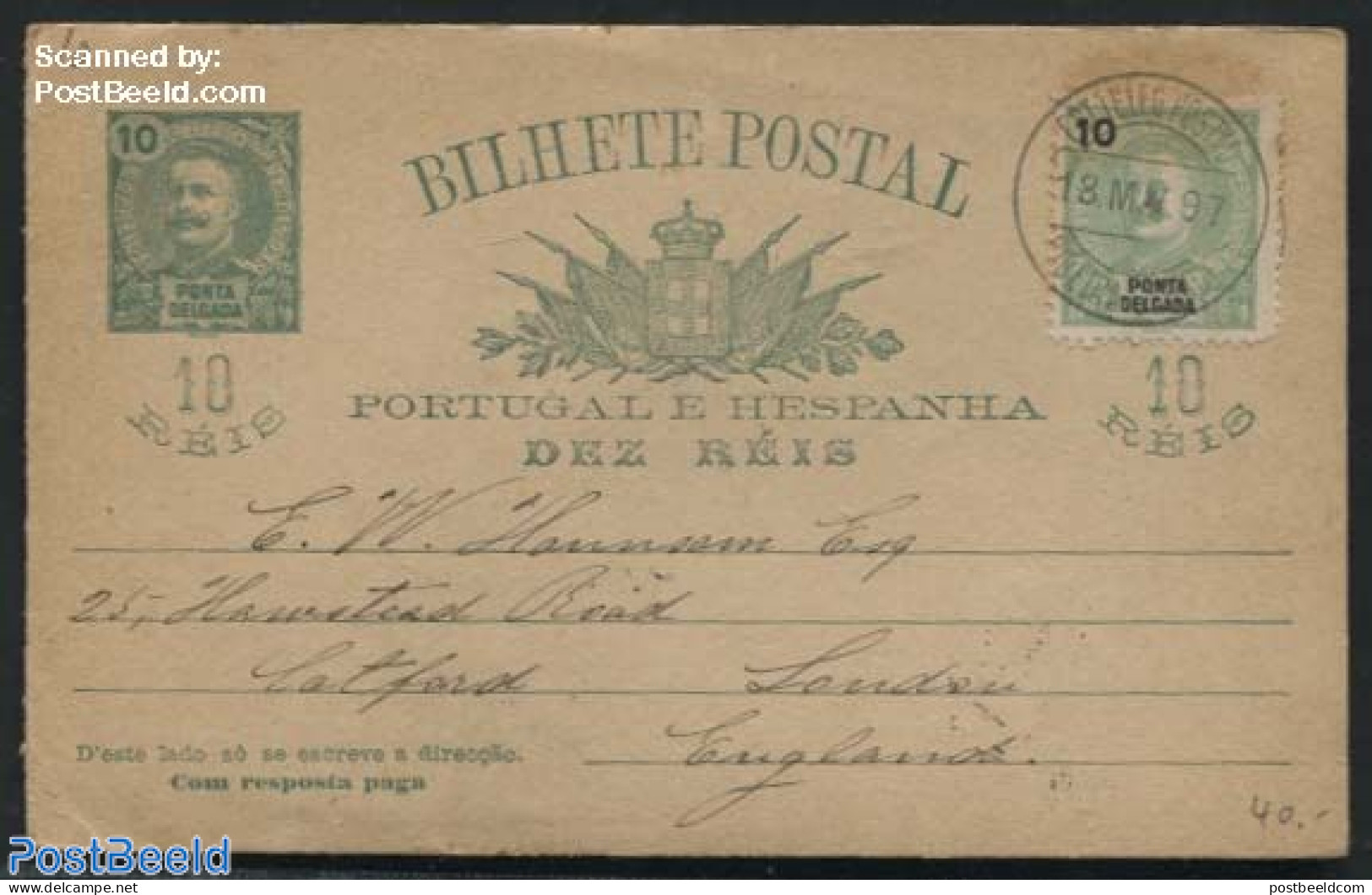 Azores 1897 Ponta Delgada, Postcard To London, Used Postal Stationary - Açores