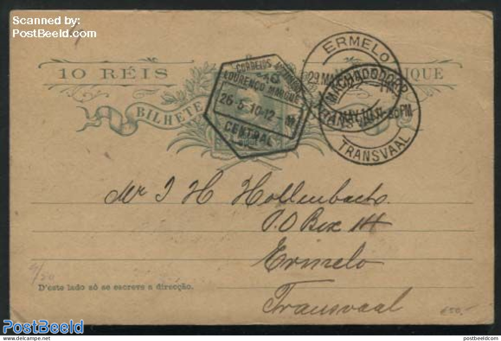 Mozambique 1910 Postcard To Transvaal, Used Postal Stationary - Mosambik