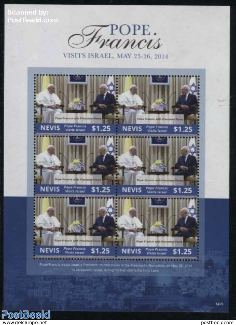 Nevis 2014 Pope Visits Israel M/s, Mint NH, History - Religion - Flags - Politicians - Pope - Popes