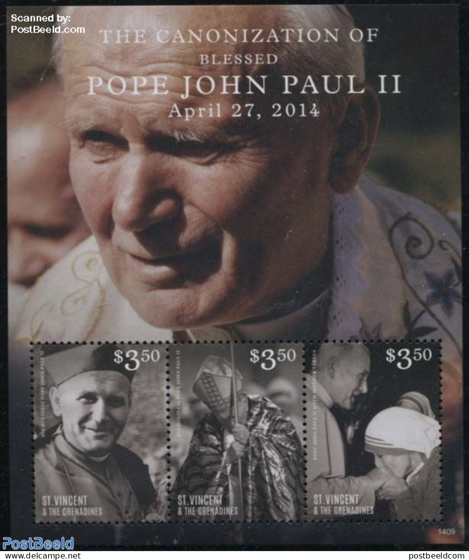 Saint Vincent 2014 Canonization Of John Paul II 3v M/s, Mint NH, Religion - Pope - Religion - Päpste