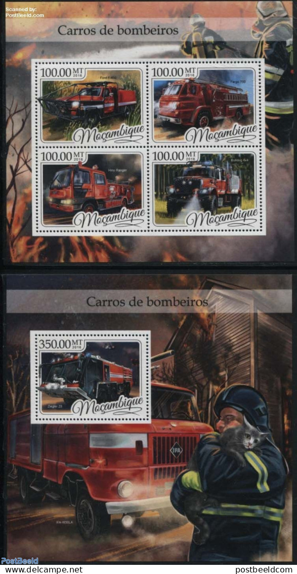 Mozambique 2016 Fire Engines 2 S/s, Mint NH, Nature - Transport - Cats - Automobiles - Fire Fighters & Prevention - Cars