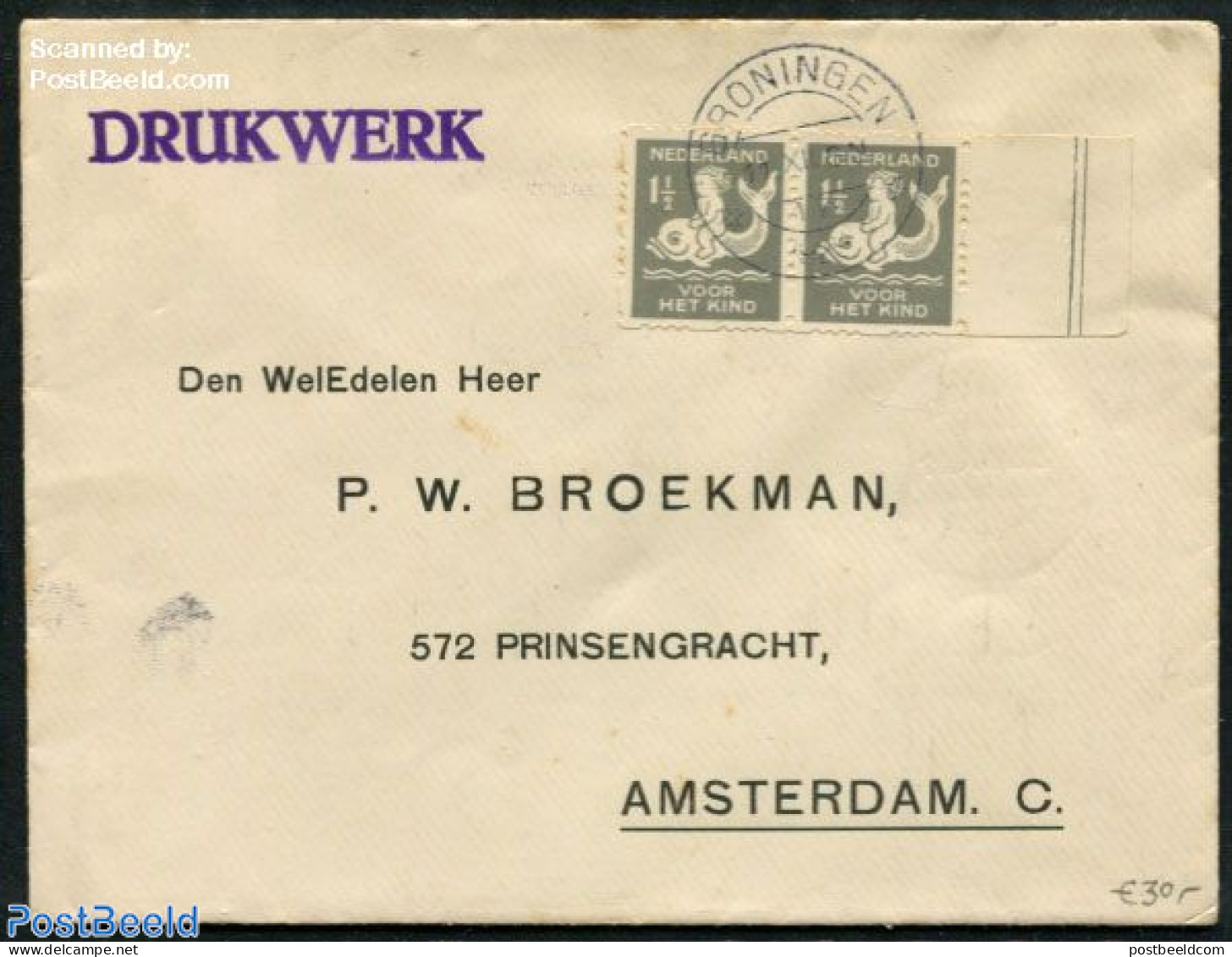 Netherlands 1929 A Pair Of Nvph. R82, Syncopated Perforations. Cover To Amsterdam, Postal History - Cartas & Documentos