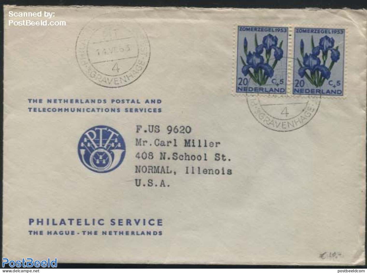 Netherlands 1953 A Pair Of Nvhp No.606 On A Cover To Illenois, USA, Postal History, Nature - Flowers & Plants - Lettres & Documents
