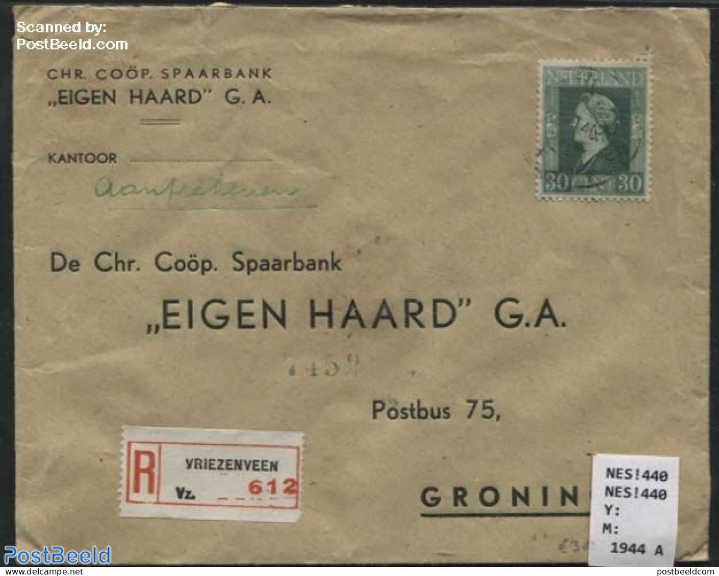 Netherlands 1944 Registered Cover To Groningen, Postal History, History - Women - Cartas & Documentos