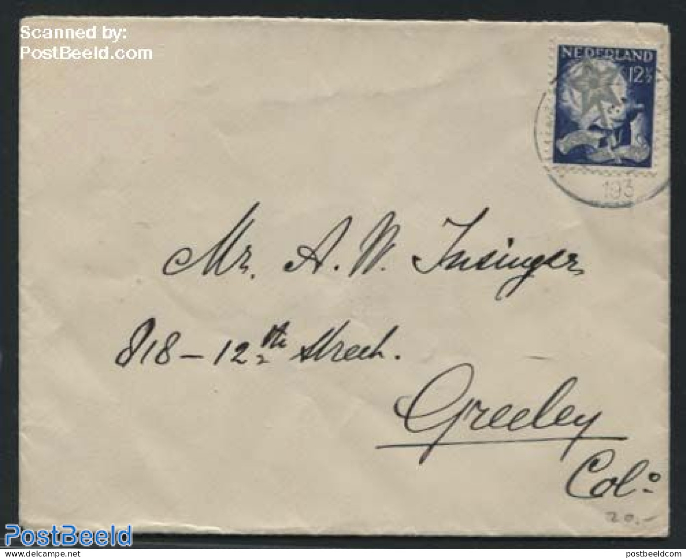Netherlands 1933 Cover To Greeley, USA, Postal History, Nature - Cats - Covers & Documents