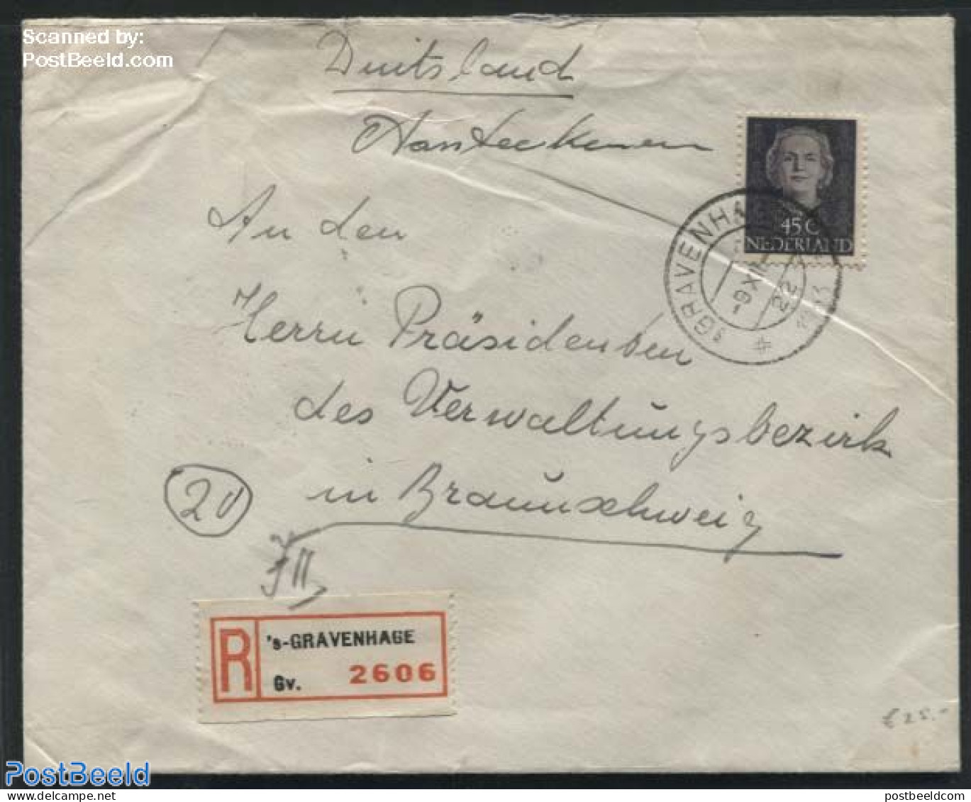 Netherlands 1949 Face Of Queen Juliana. Registered Cover To Germany, Postal History, History - Kings & Queens (Royalty) - Cartas & Documentos