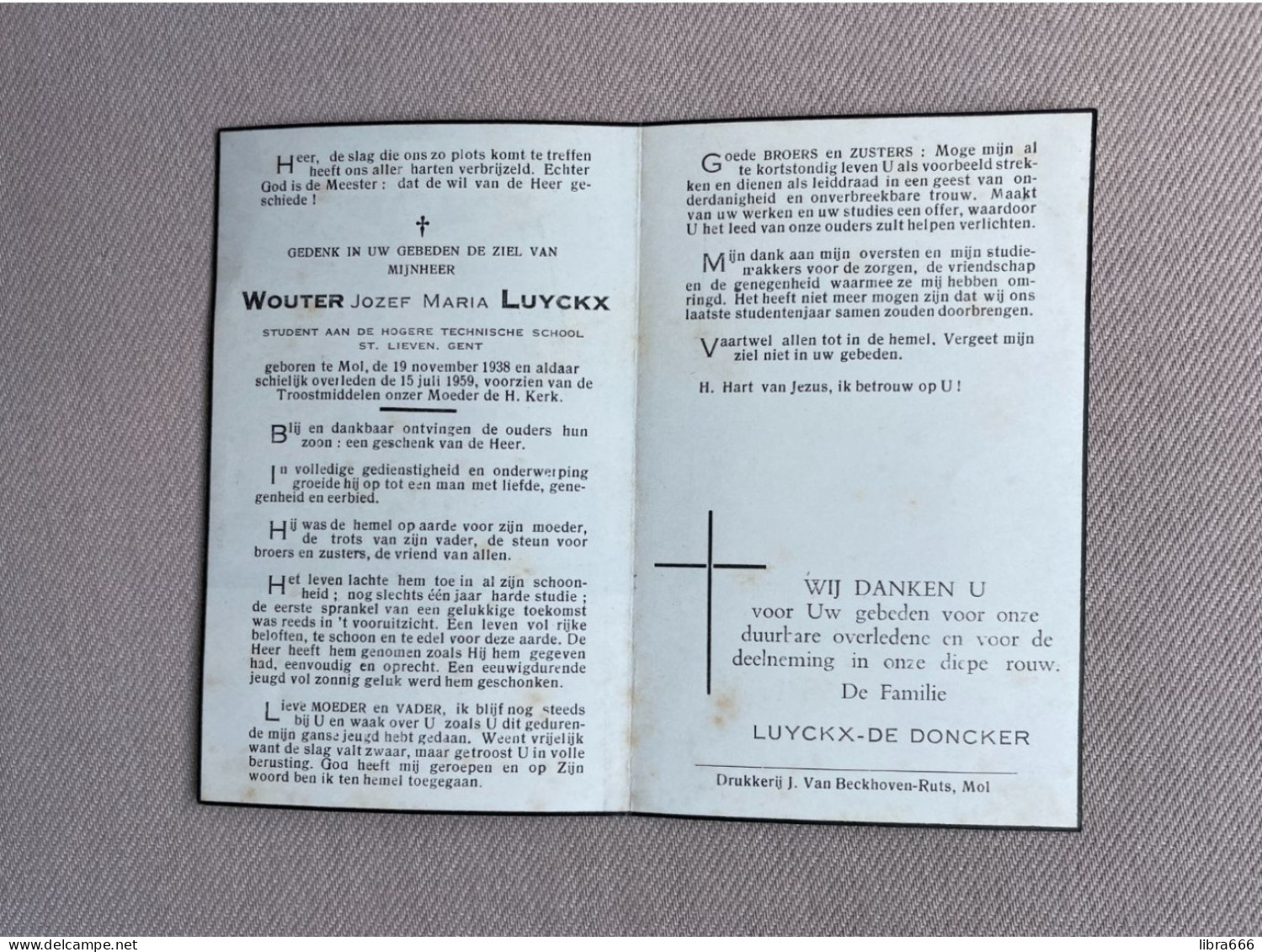 LUYCKX Wouter Jozef Maria °MOL 1938 +MOL 1959 - DE DONCKER - Student Aan De Hogere Technische School ST. Lieven GENT - Décès