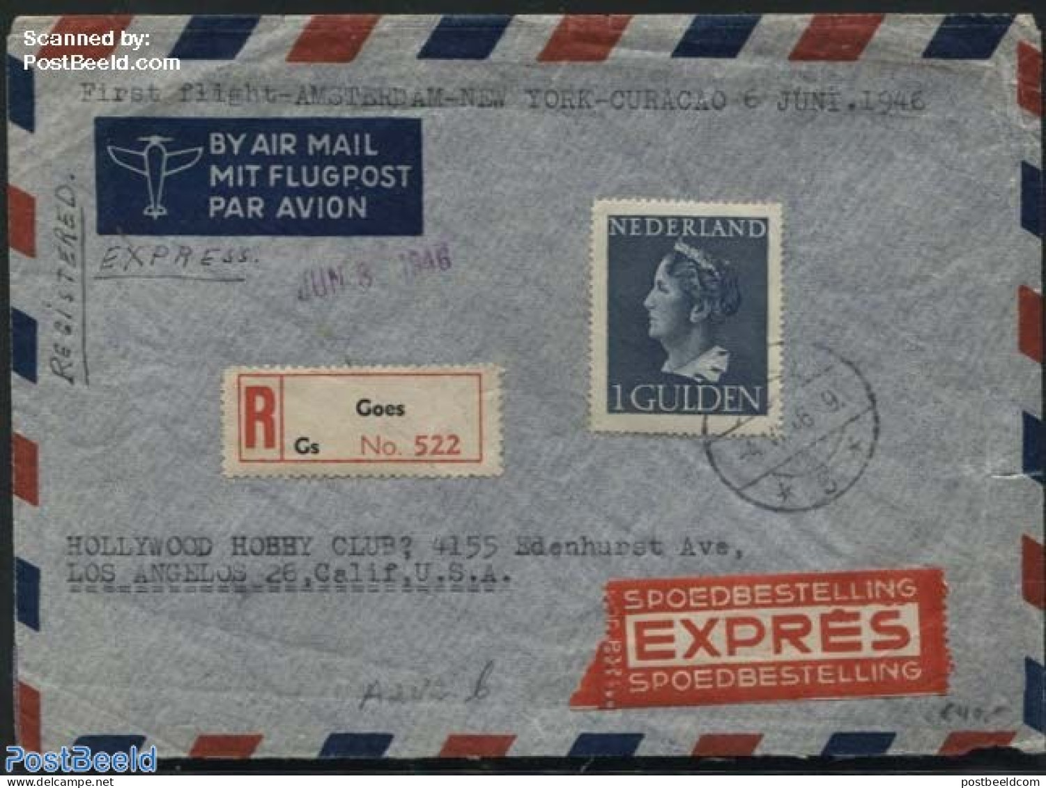 Netherlands 1946 Queen Wilhelmina. Registered Expres Airmail To Los Angelos, Postal History, History - Kings & Queens .. - Brieven En Documenten