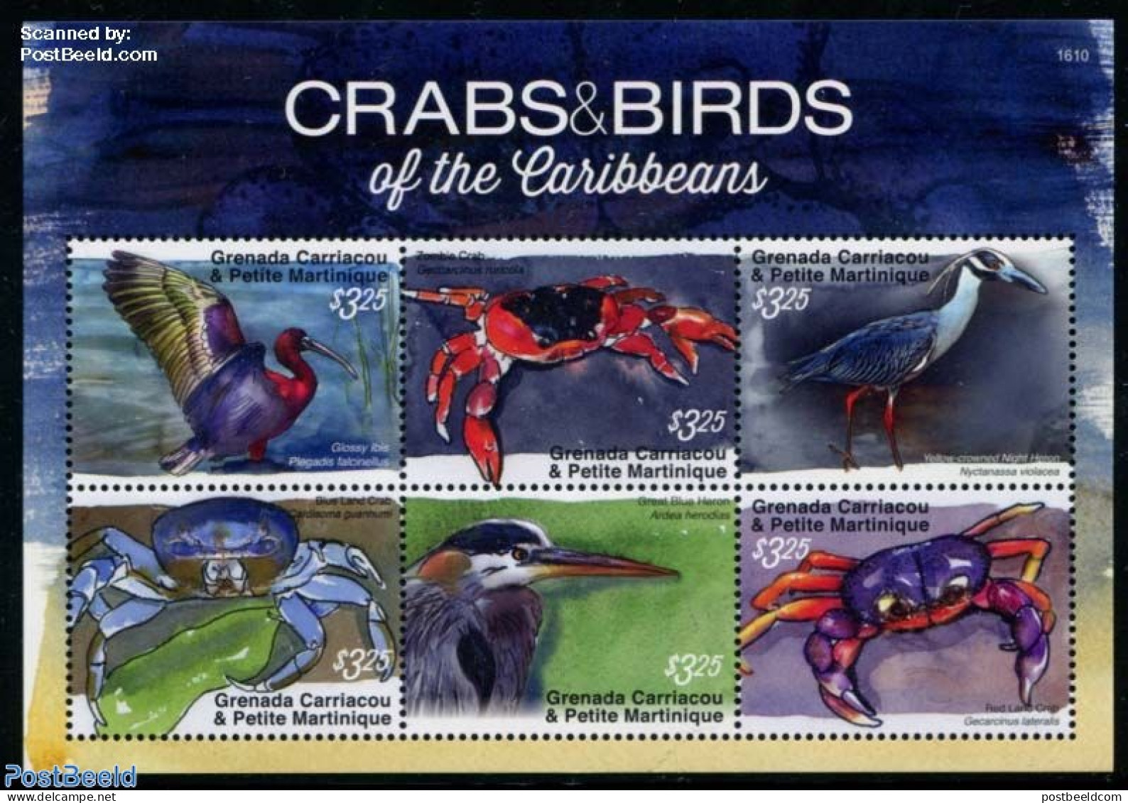 Grenada Grenadines 2016 Crabs & Birds Of The Caribbeans 6v M/s, Mint NH, Nature - Animals (others & Mixed) - Birds - C.. - Grenada (1974-...)