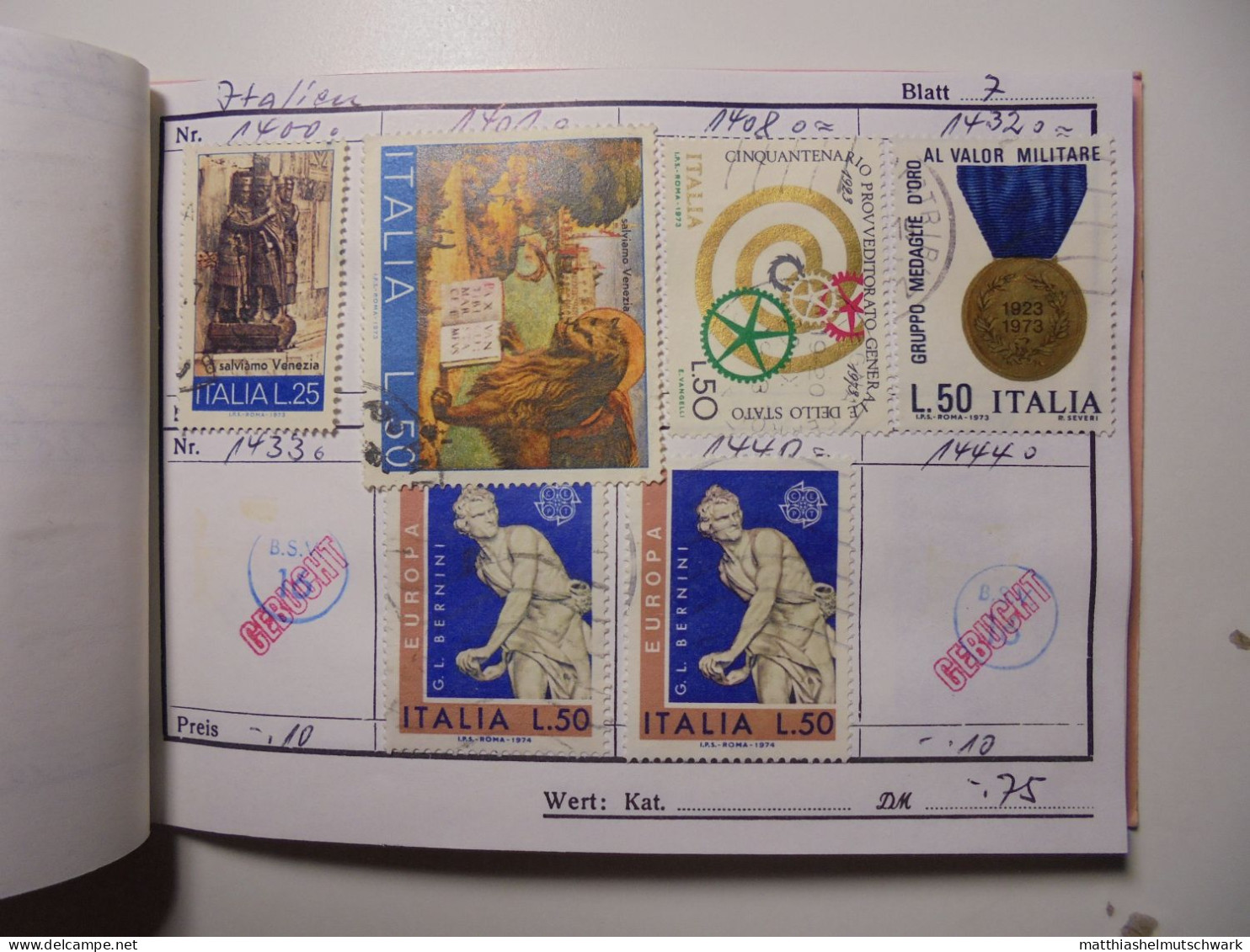 Auswahlheft Nr. 496 20 Blätter 116 Briefmarken xx Italien 1953-1979/Mi Nr. 1258-1645, unvollständig Ca.