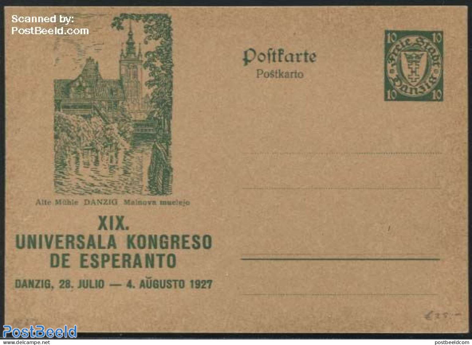 Germany, Danzig 1927 Illustrated Postcard, Esperanto Congress, 10pf, Alte Muehle, Unused Postal Stationary, Science - .. - Molens