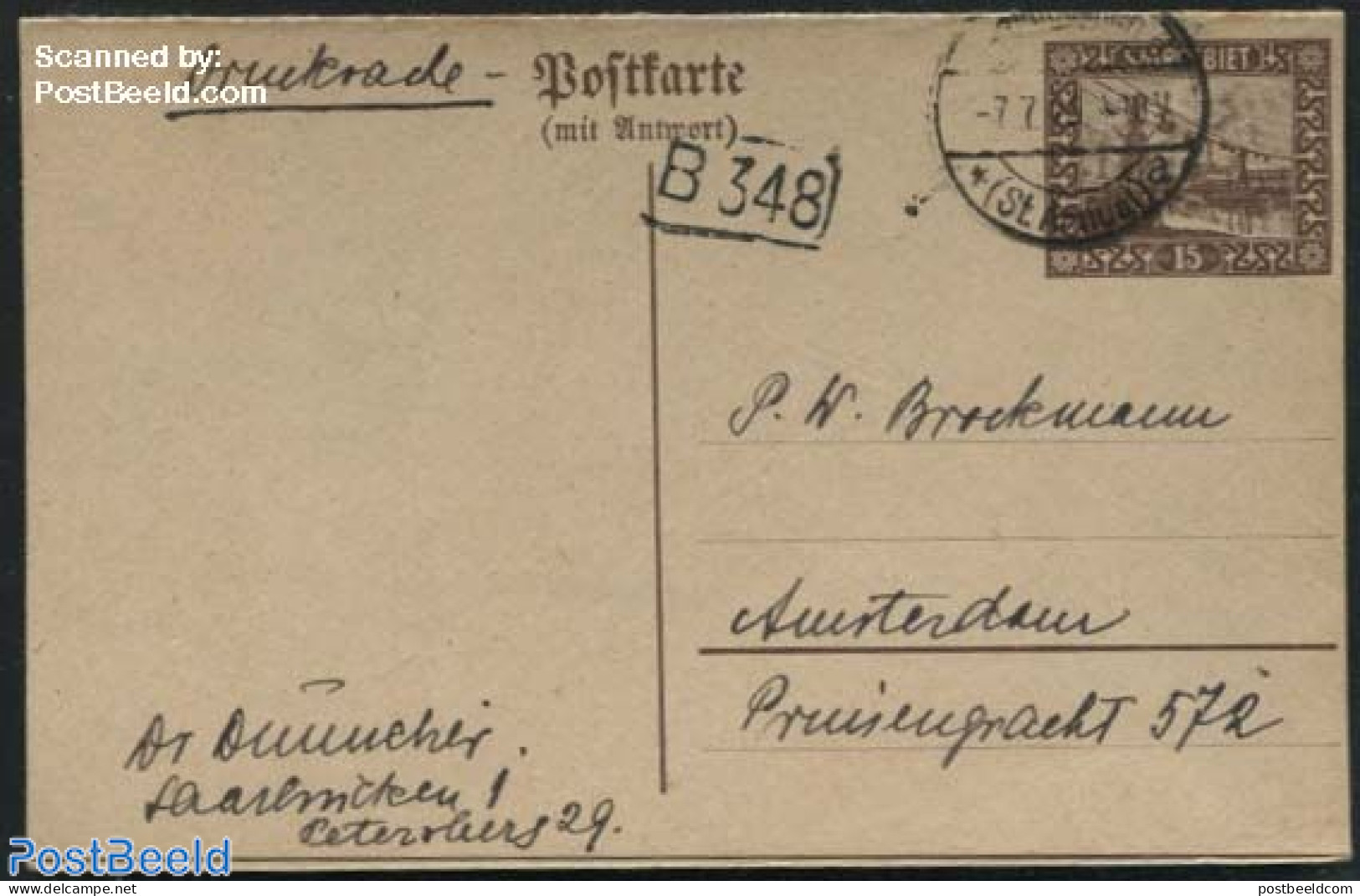Germany, Saar 1926 Reply Paid Postcard To Amsterdam, Used Postal Stationary, Transport - Cableways - Other (Air)