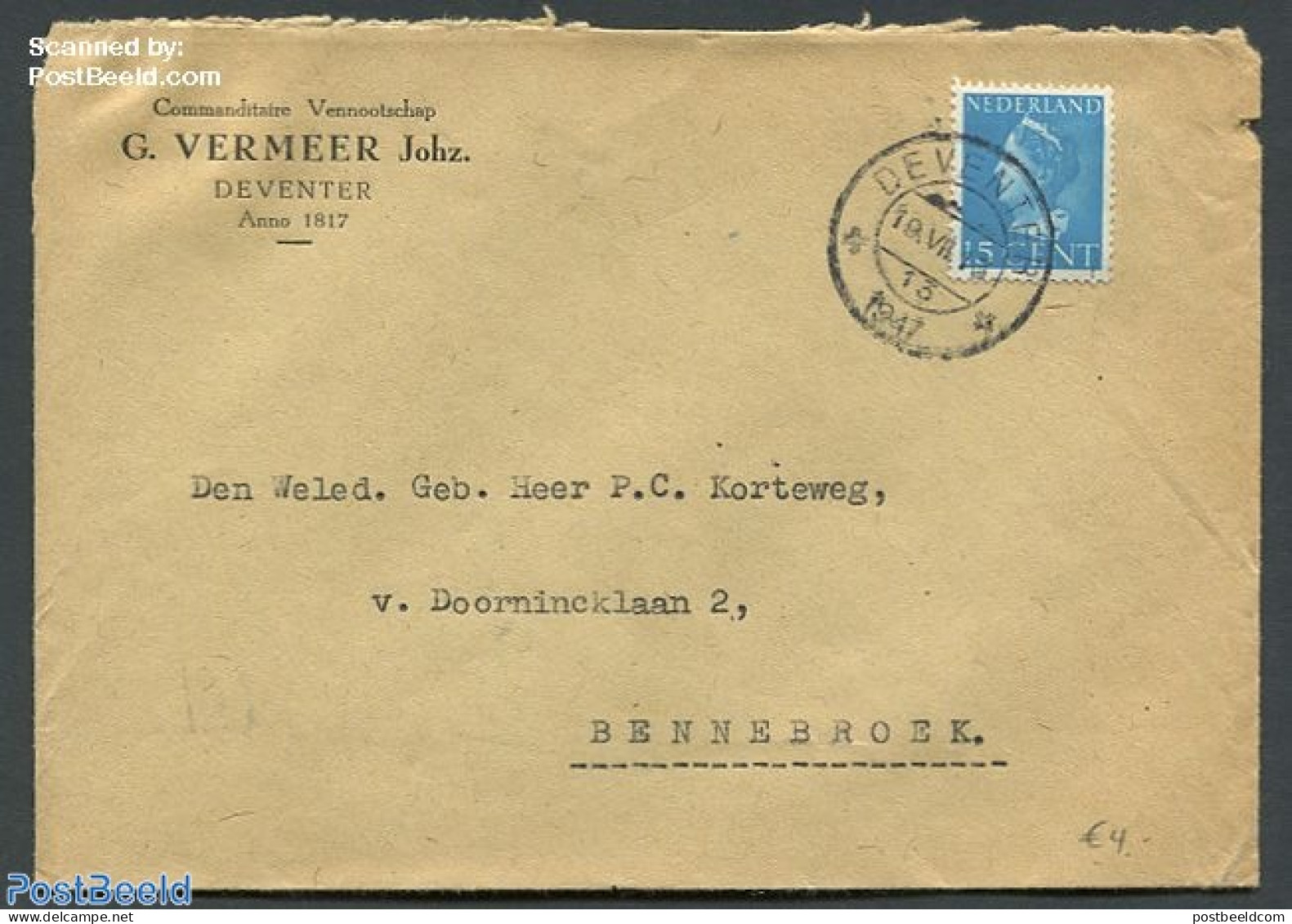 Netherlands 1940 Cover From Deventer To Bennebroek, Postal History - Briefe U. Dokumente