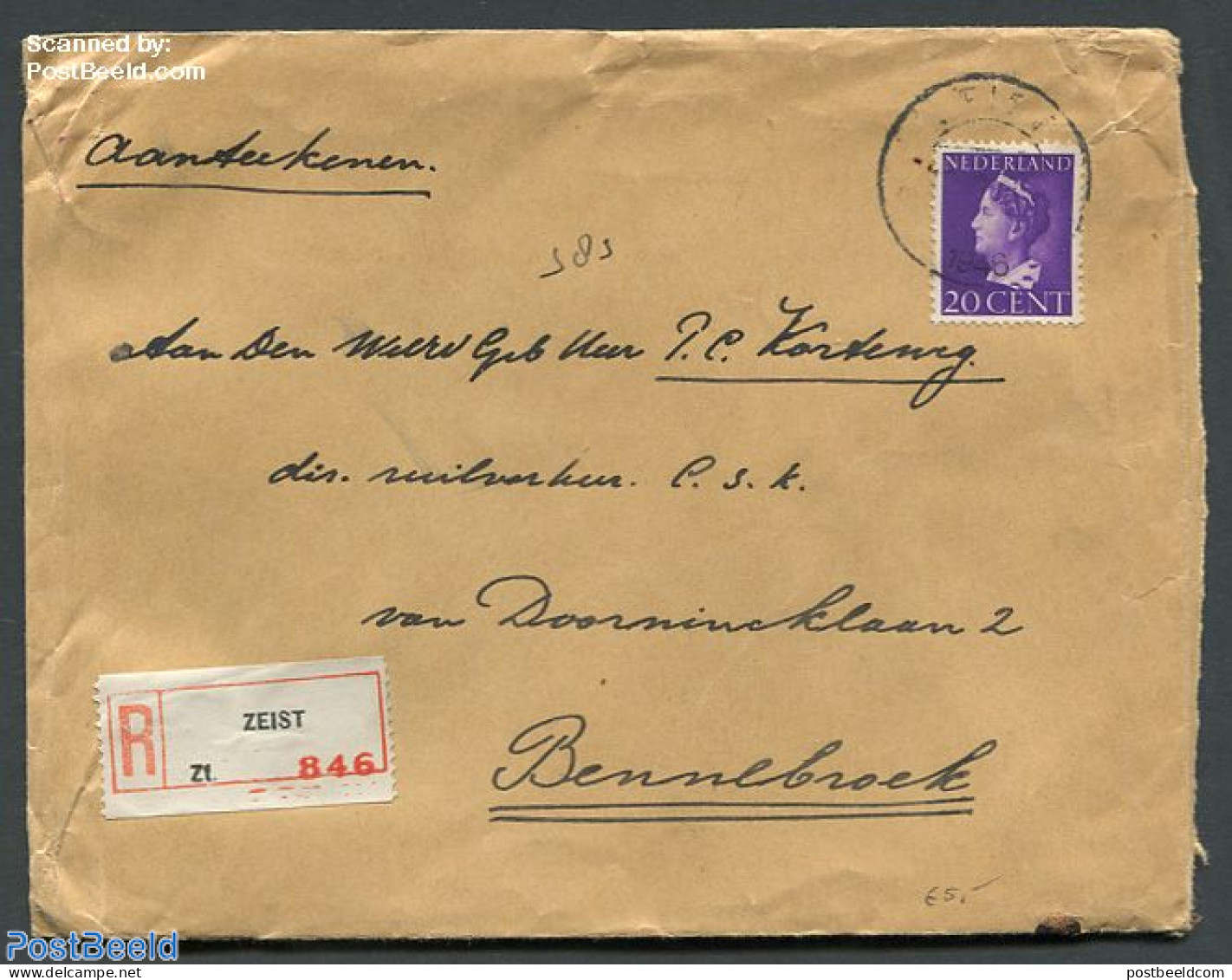 Netherlands 1940 Registered Cover From Zeist To Bennebroek, Postal History, History - Kings & Queens (Royalty) - Covers & Documents