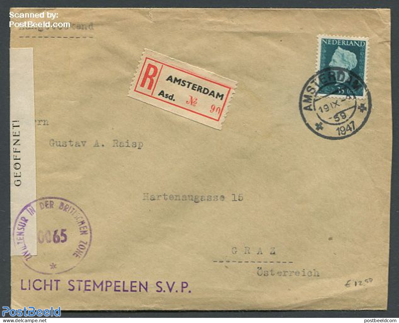 Netherlands 1947 Censored Registered Cover From Amsterdam To Graz, Austria, Postal History, History - Kings & Queens (.. - Cartas & Documentos