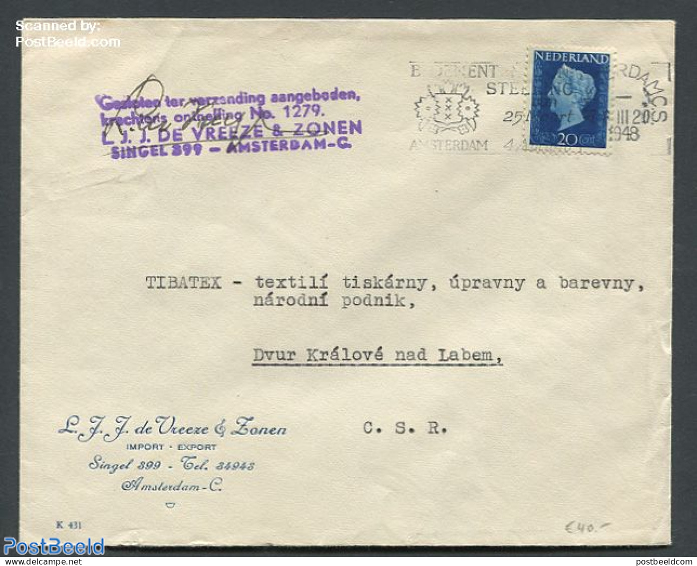 Netherlands 1947 Cover From Amsterdam To Dvur Kralove Nad Labem, Czech Republic, Postal History, History - Kings & Que.. - Briefe U. Dokumente