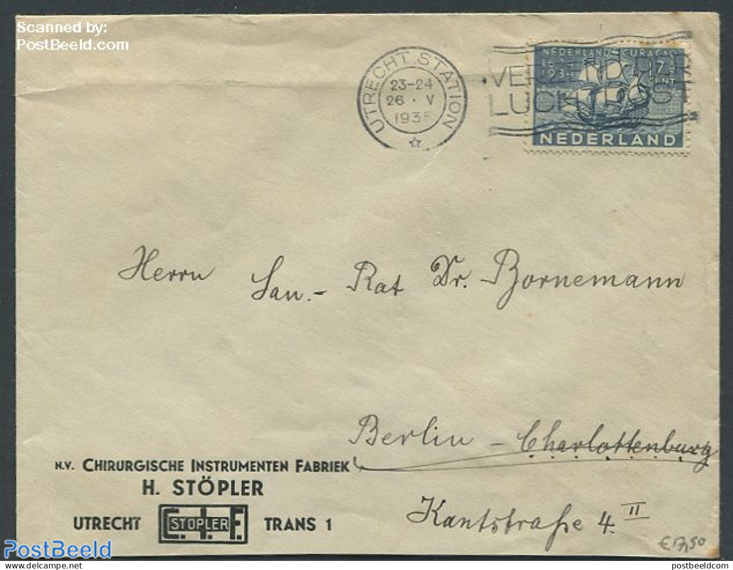 Netherlands 1934 Cover From Utrecht To Berlin With Nvhp No. 268, Postal History, Transport - Ships And Boats - Briefe U. Dokumente