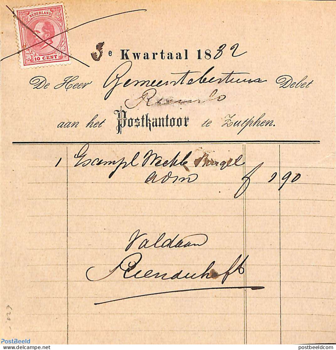 Netherlands 1872 An Invoice From Zutphen With Nvhp No 21, Postal History, History - Kings & Queens (Royalty) - Cartas & Documentos