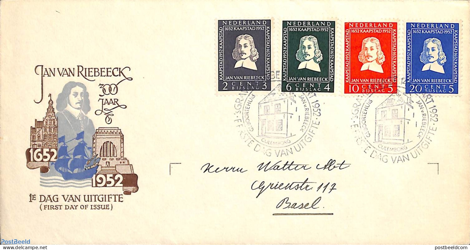 Netherlands 1952 Van Riebeeck FDC, Written Address, Open Flap, First Day Cover - Cartas & Documentos