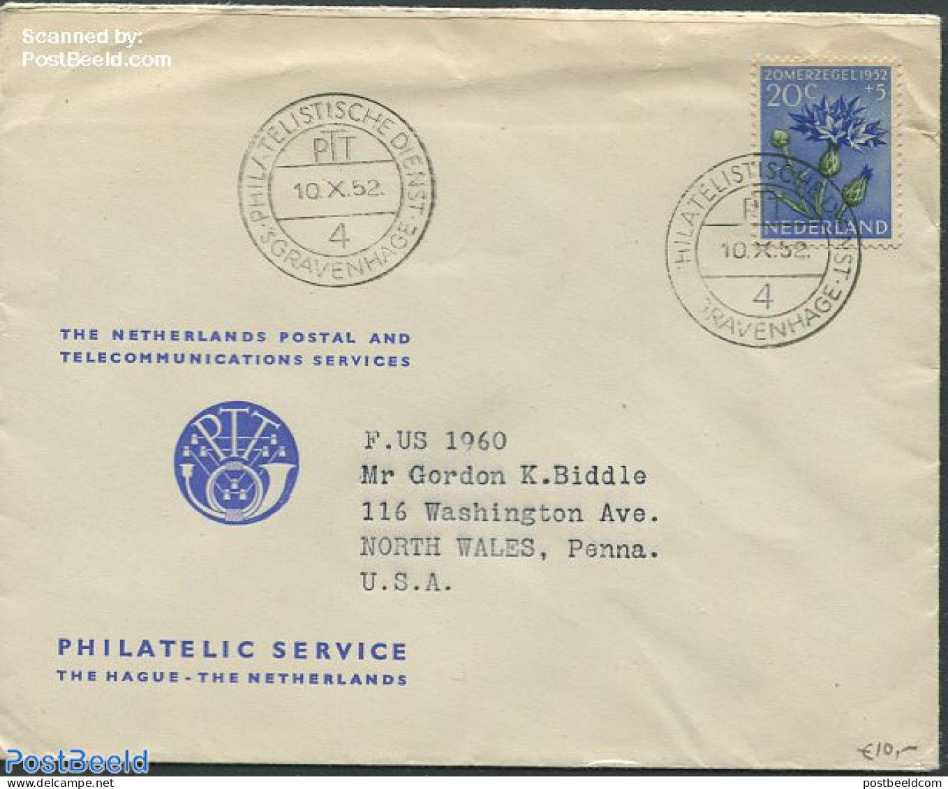 Netherlands 1952 Cover From The Hague To The USA With Nvhp No.587, Postal History, Nature - Flowers & Plants - Covers & Documents