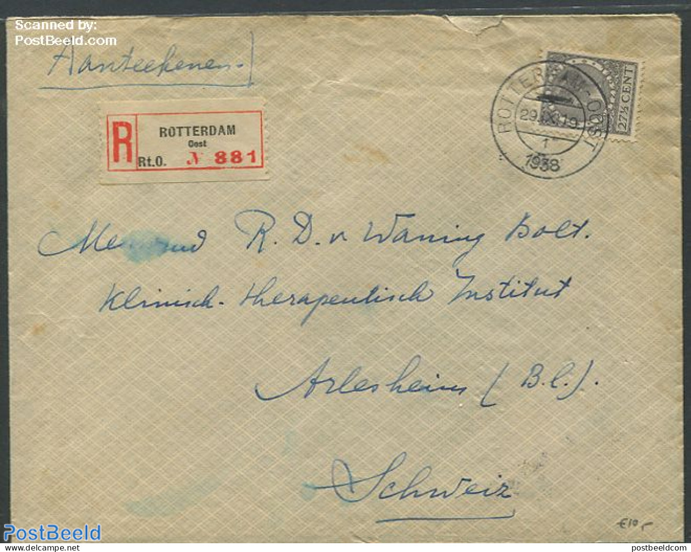 Netherlands 1928 Registered Cover From Rotterdam With Nvhp No.193, Postal History, History - Kings & Queens (Royalty) - Cartas & Documentos