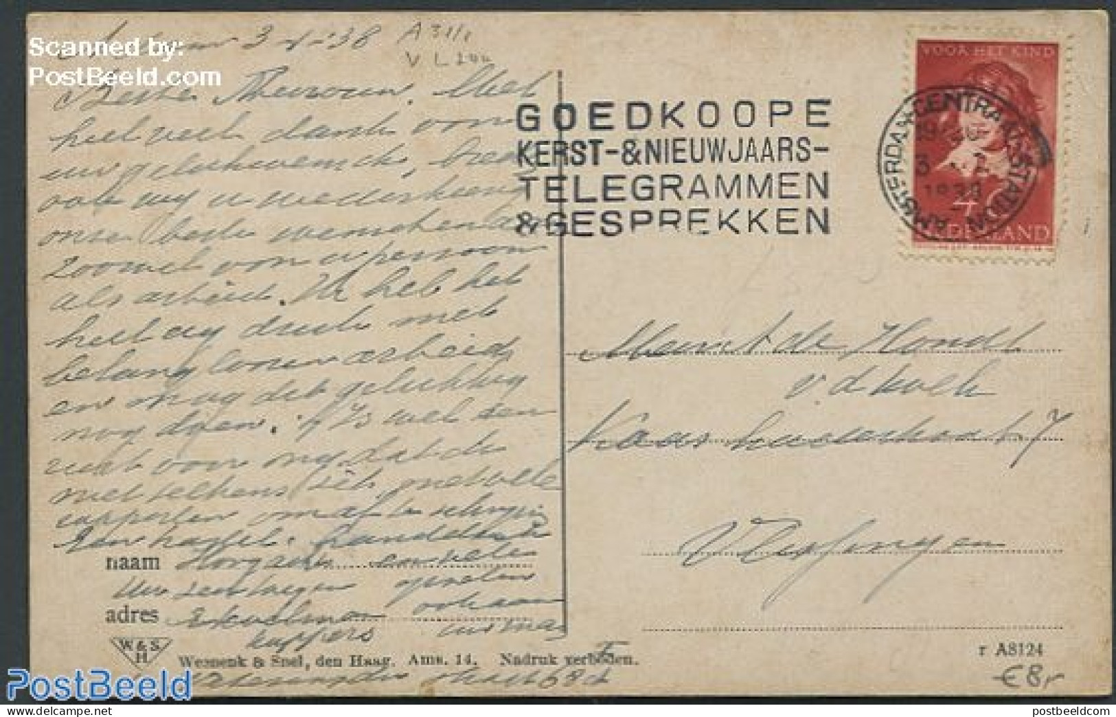 Netherlands 1937 Greeting Card To Vlissingen, Postal History, History - Kings & Queens (Royalty) - Covers & Documents