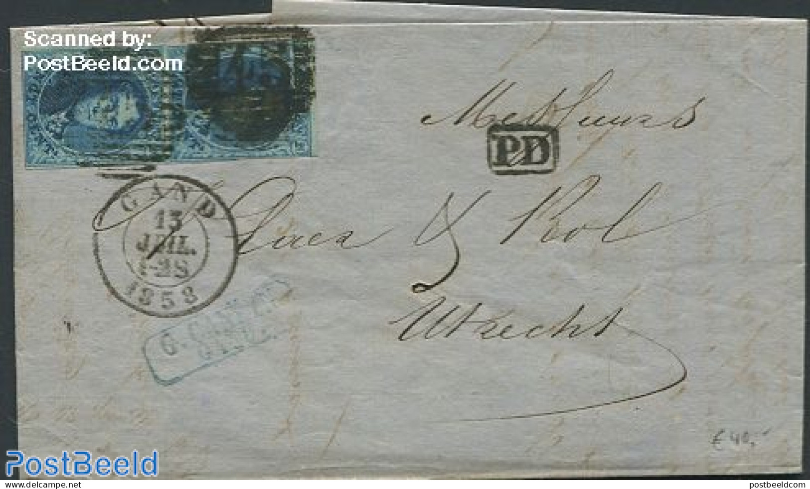 Belgium 1858 Folding Letter From Ghent To Utrecht, Postal History - Brieven En Documenten