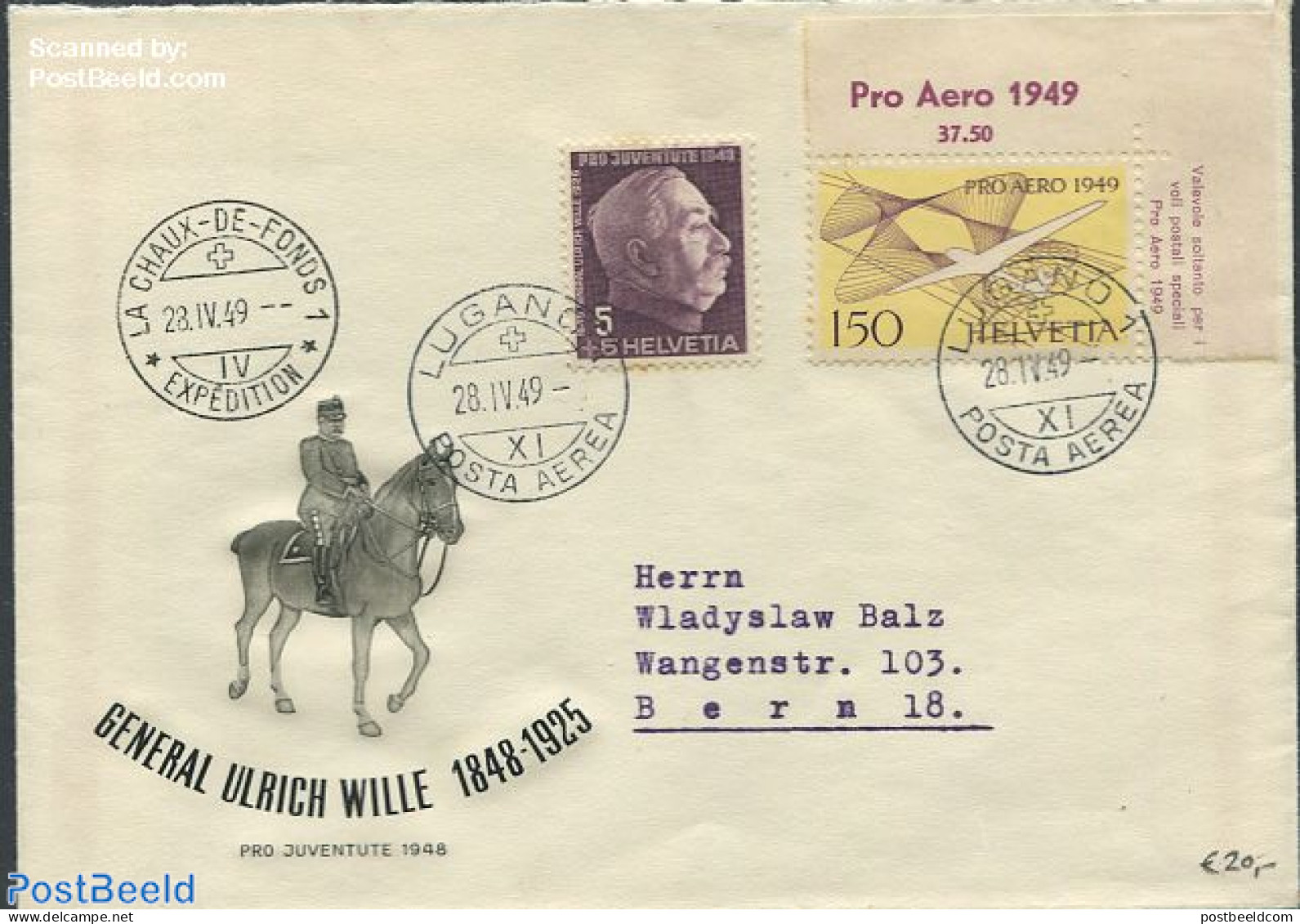Switzerland 1949 Pro Aero Air Mail To Bern, Postal History - Cartas & Documentos