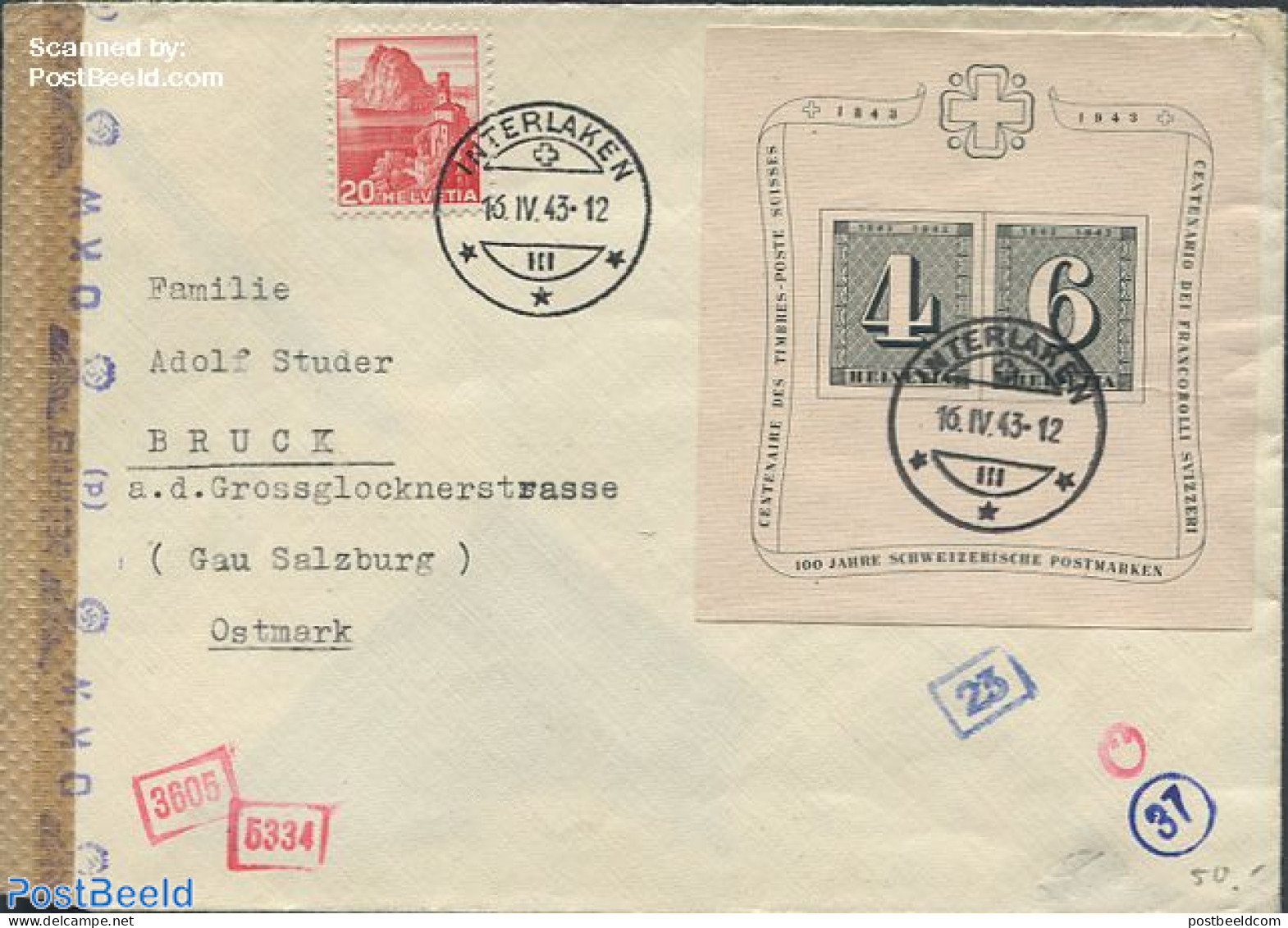 Switzerland 1943 Envelope From Interlaken To Ostmark, Postal History - Covers & Documents