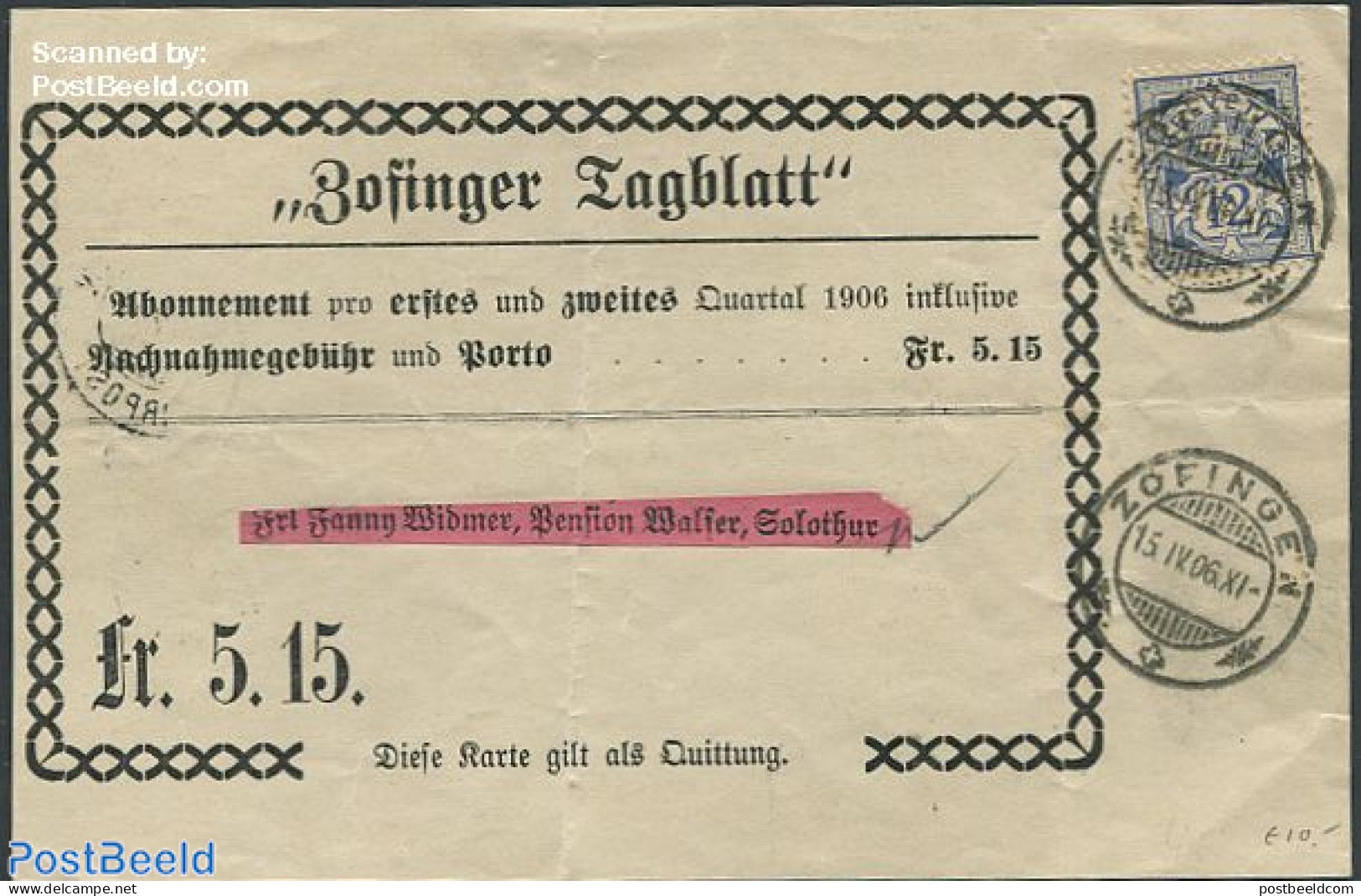 Switzerland 1906 Recept From Zwitserland, Postal History - Lettres & Documents