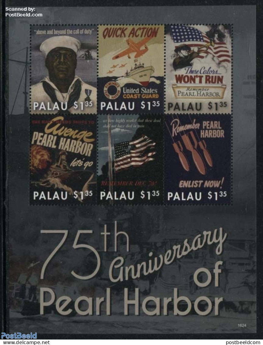 Palau 2016 Pearl Harbor 6v M/s, Mint NH, History - Performance Art - Transport - Decorations - Flags - Militarism - Wo.. - Militaria