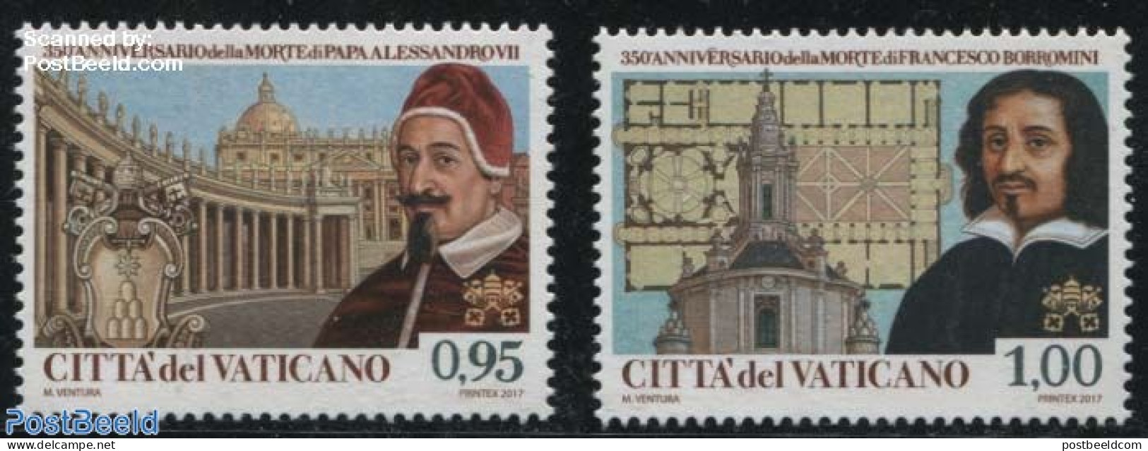 Vatican 2017 Alexander VII, Borromini 2v, Mint NH, History - Religion - Coat Of Arms - Churches, Temples, Mosques, Syn.. - Ongebruikt